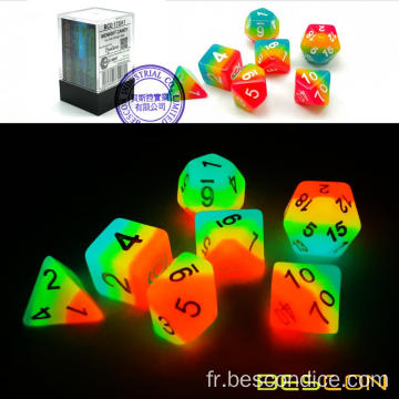 Bescon fantasy arc-en-ciel brillant les dés polyédriques 7pcs sets de bonbons de minuit, jeu de dés rpg lumineux dans la sombre, la nouveauté du jeu de jeu DNE